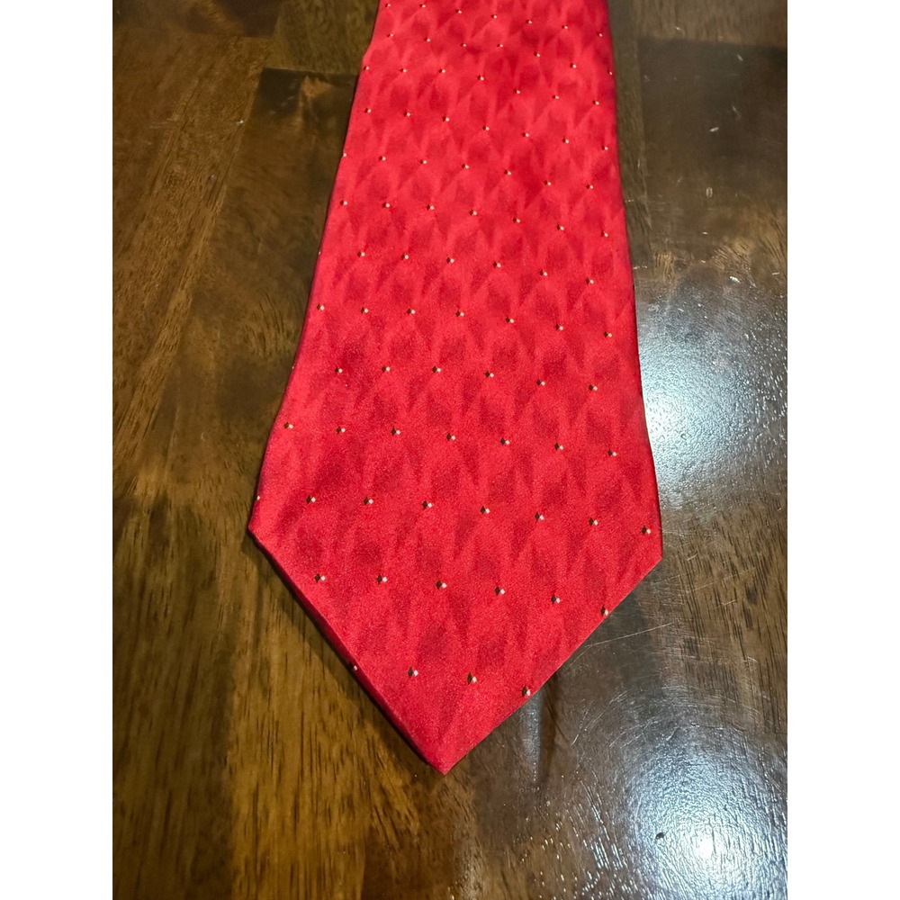 Puritan Mens Red Silk Pin Dot Stain Resistant Necktie Geometric Jacquard USA